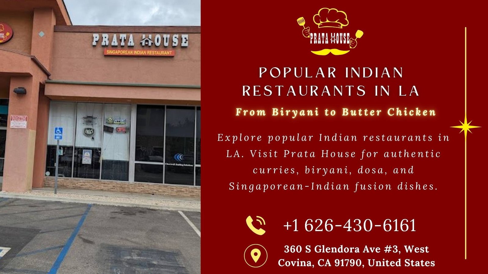Front view of Prata House restaurant in West Covina promoting popular Indian restaurants in LA with authentic curries, biryani, dosa, and fusion dishes.