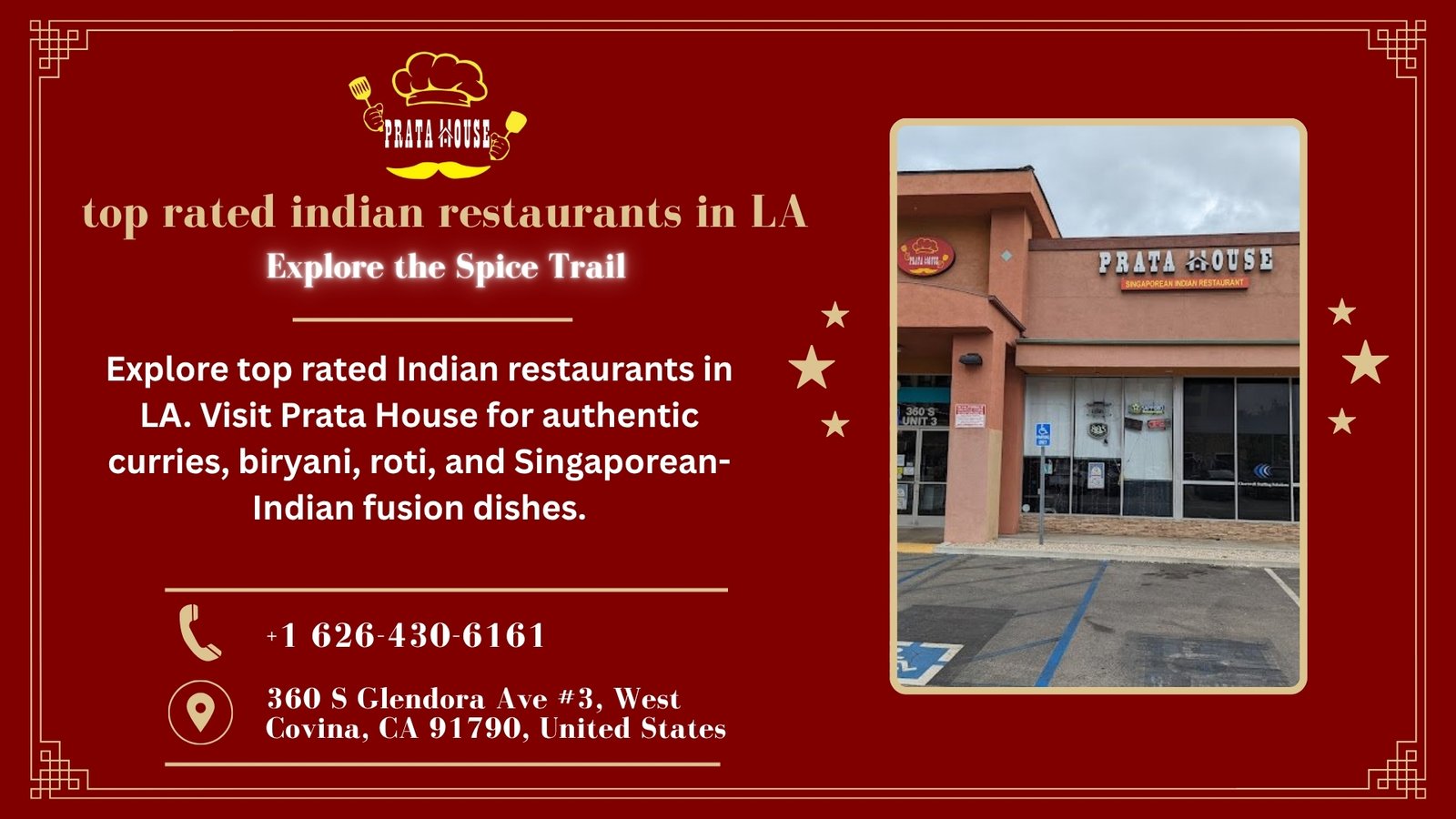 Front view of Prata House restaurant in West Covina, featured among top rated Indian restaurants in LA serving authentic curries, biryani, and fusion dishes
